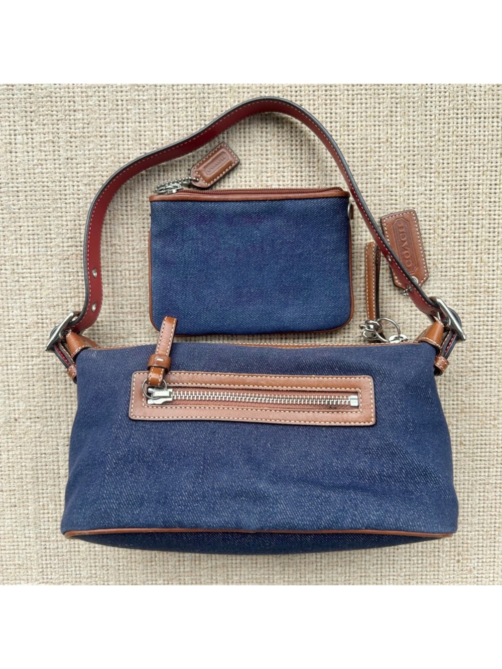 Coach Navy Canvas Shoulder Bag with Red and Pink Stripes - Picture 2 of 11